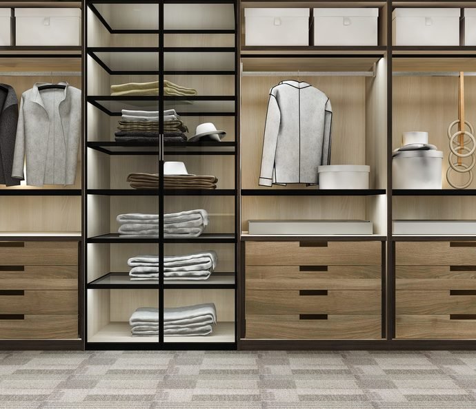 Open wardrobe system with wooden drawers and steel frames