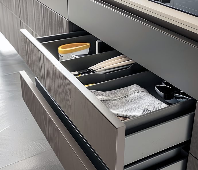 Cutlery and utensil organisers inside a soft-close kitchen drawer