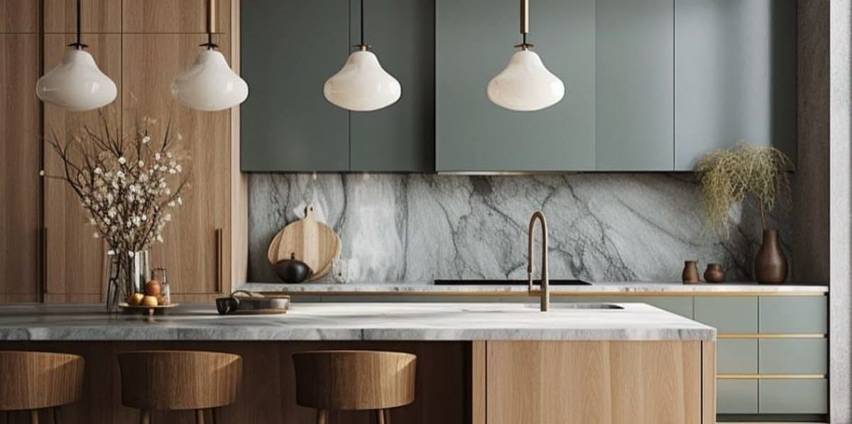 Marble countertop on a sage green kitchen island