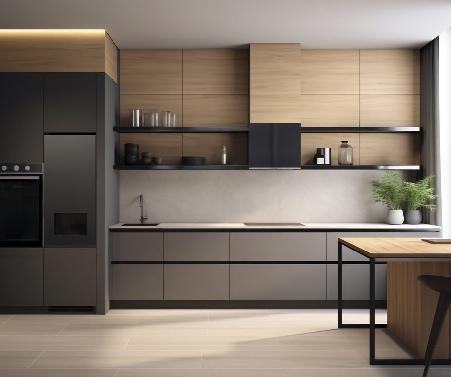 Modular kitchen with integrated appliances and tall storage