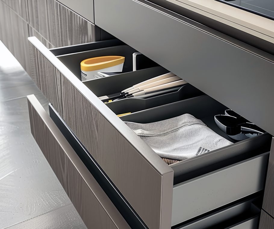 Drawer organisers used to maximise storage in a small kitchen