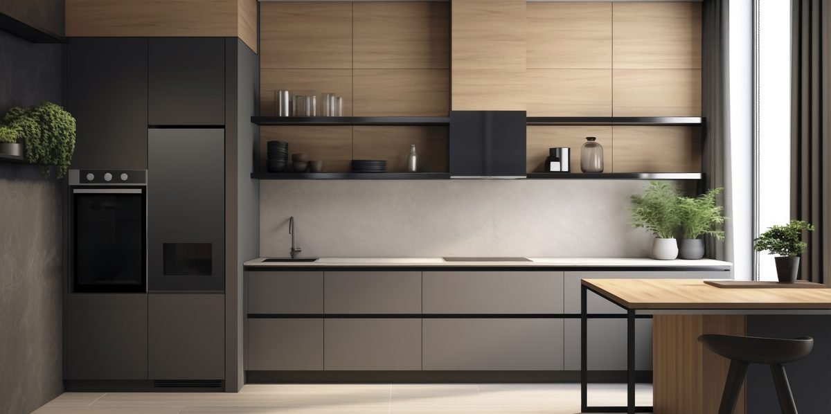 Modular kitchen with integrated appliances and tall storage