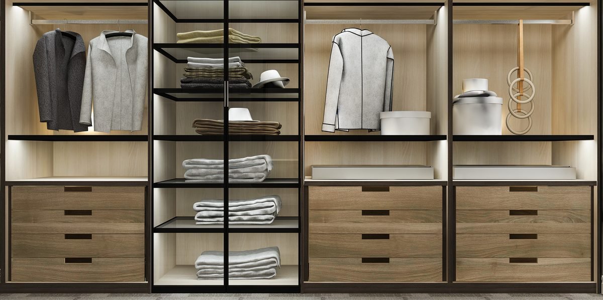 Open storage system with drawers, shelves and baskets
