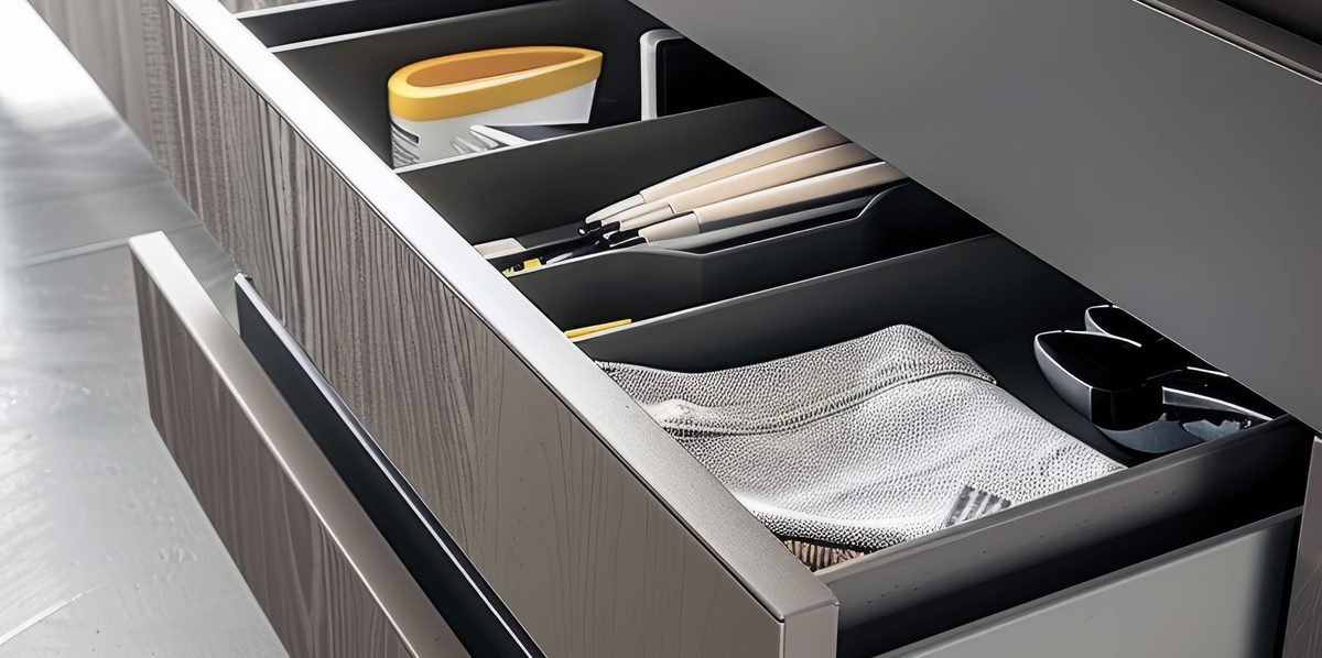 Drawer organisers used to maximise storage in a small kitchen
