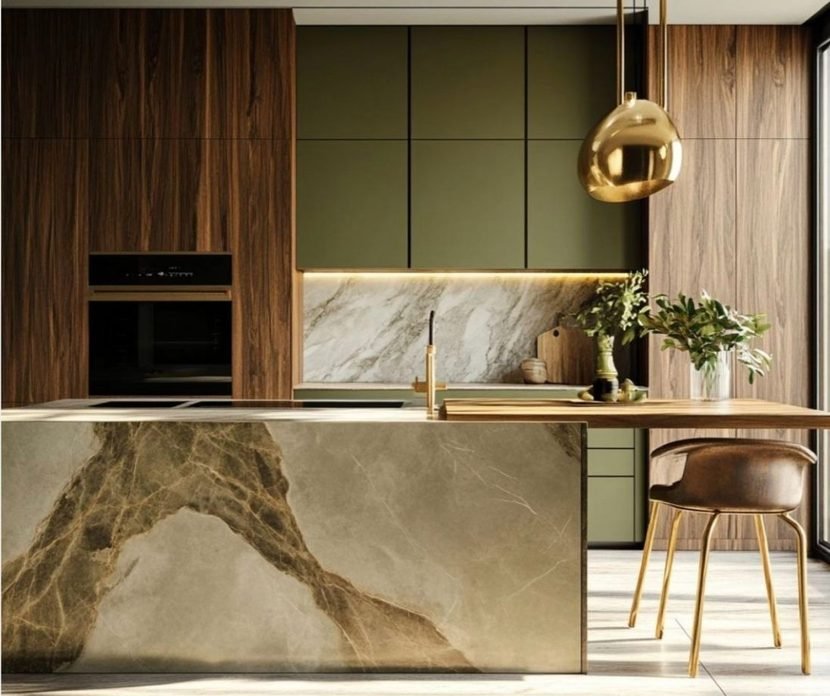 Luxury kitchen in olive and walnut with a natural stone island