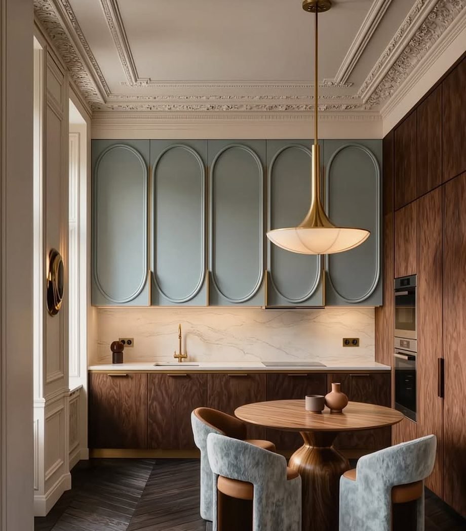 Designer kitchen with arched cabinet fronts and walnut base units