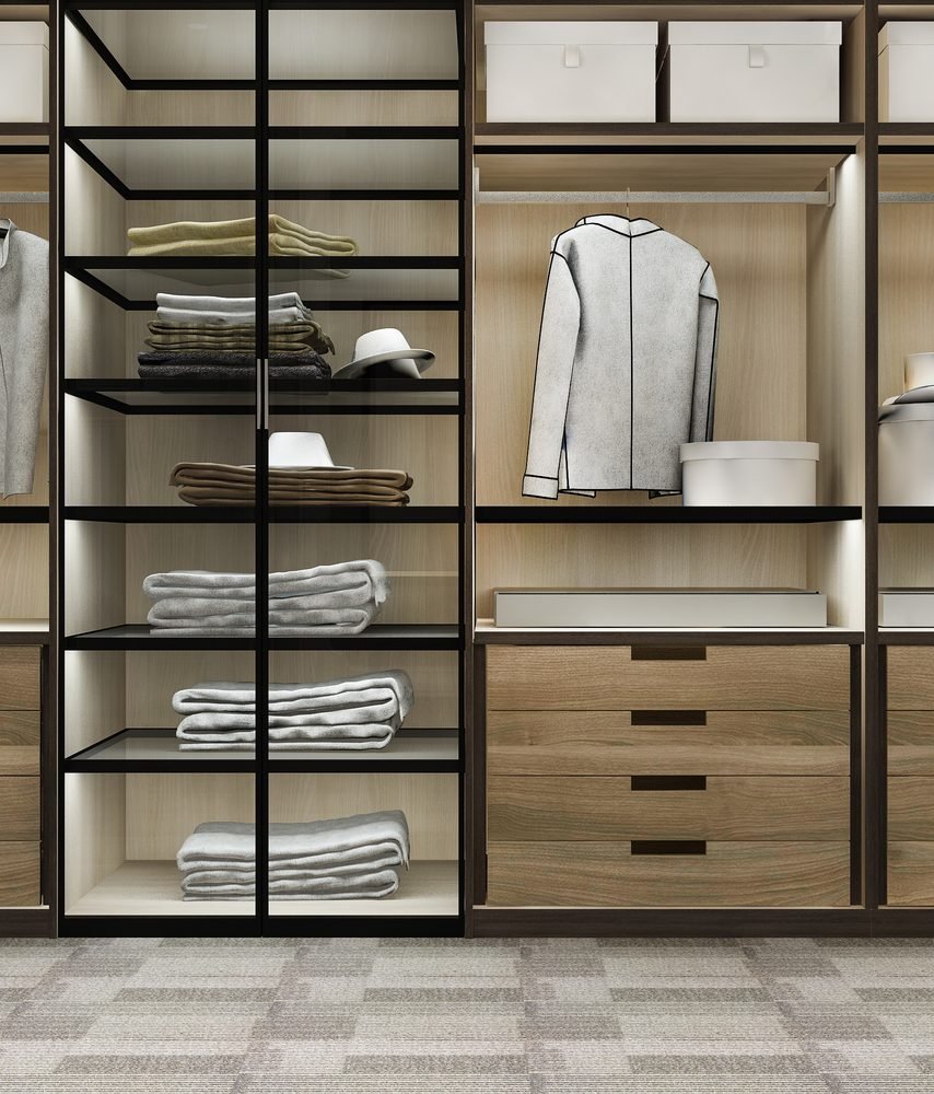 Wardrobe carcasses with drawers, shelves and steel framework