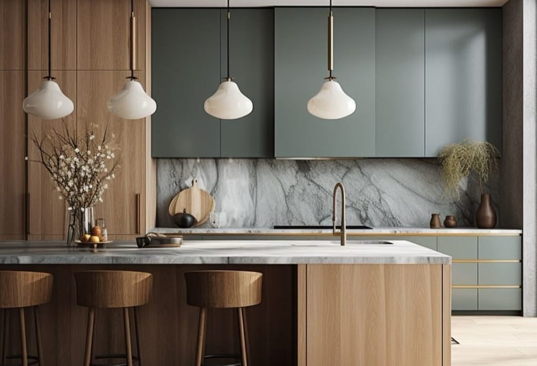 Sage green modular kitchen with marble island and brass fittings