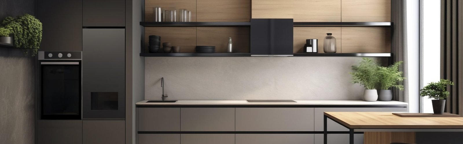 Handleless graphite modular kitchen with breakfast counter
