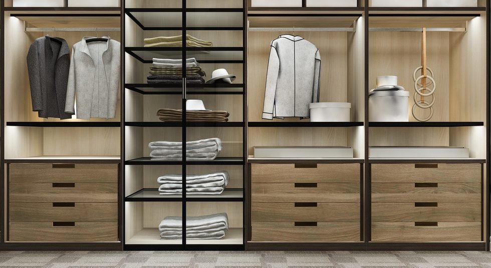 Wardrobe interior with drawers, shelves and hanging space