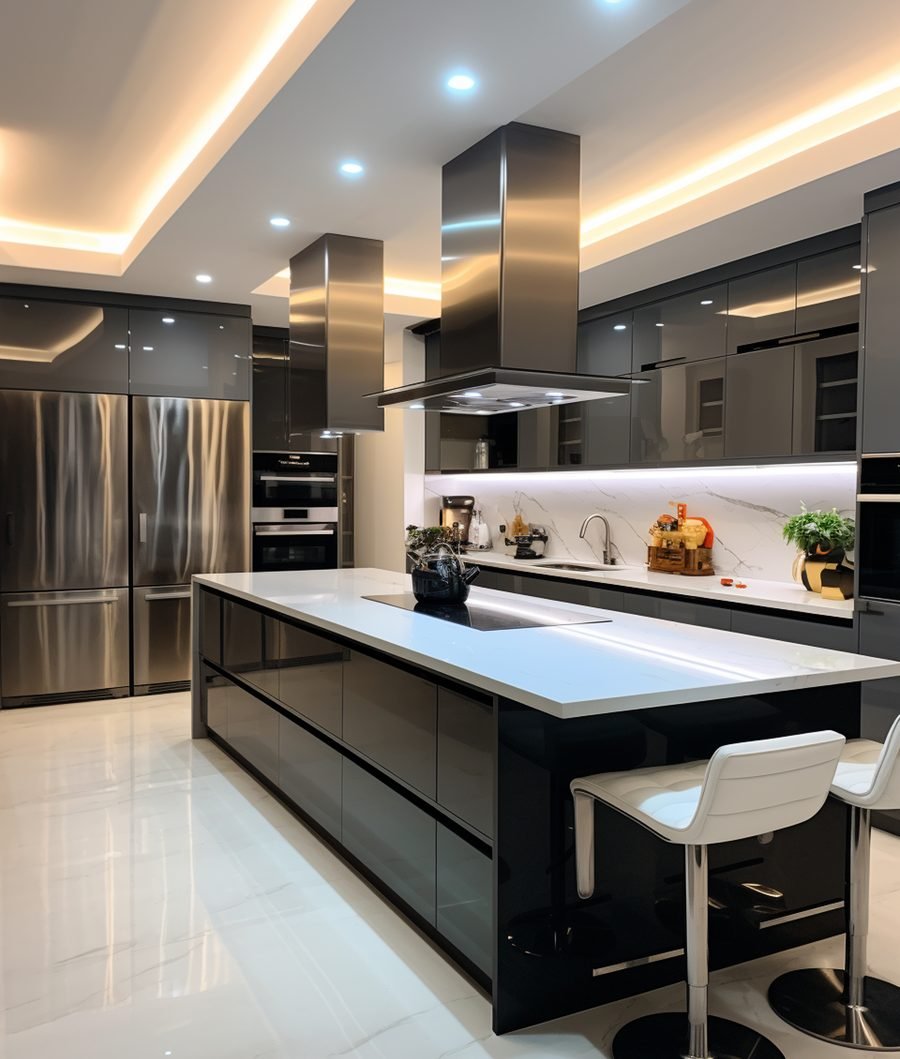 Charcoal gloss kitchen project with an island and integrated appliances