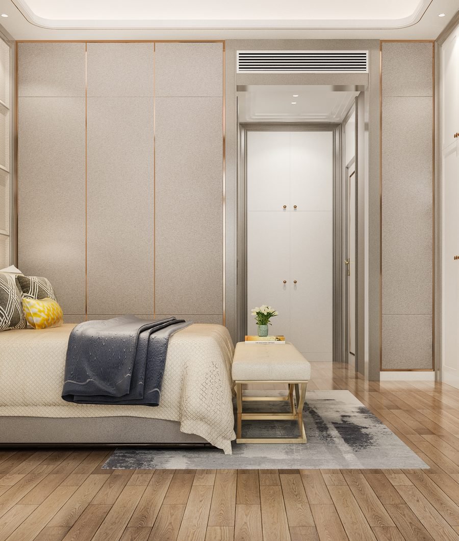 Fitted bedroom project with wardrobe wall and bedside storage