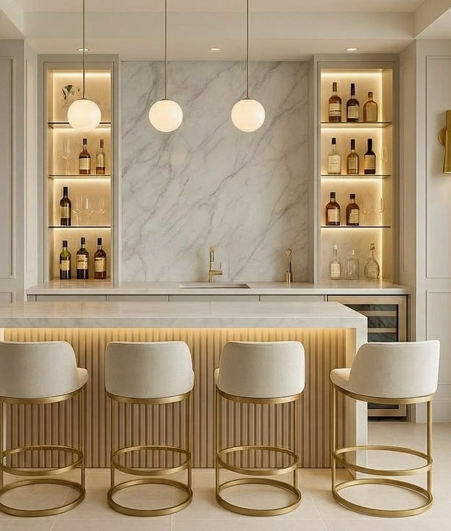 Home bar unit project with fluted panelling and backlit display niches