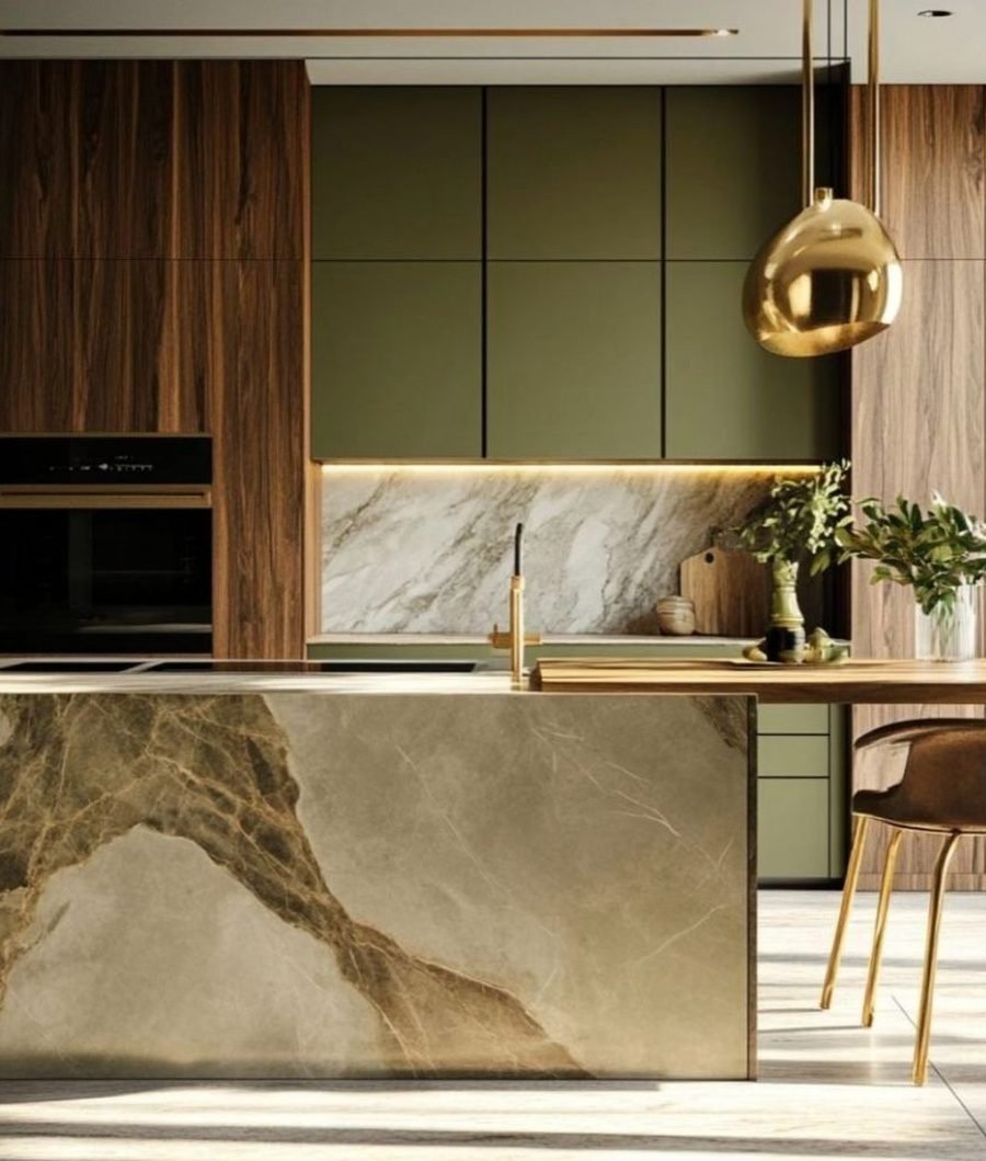 Luxury kitchen project in olive and walnut with a stone island