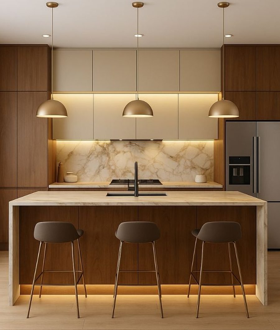 Contemporary kitchen project with a walnut and marble island