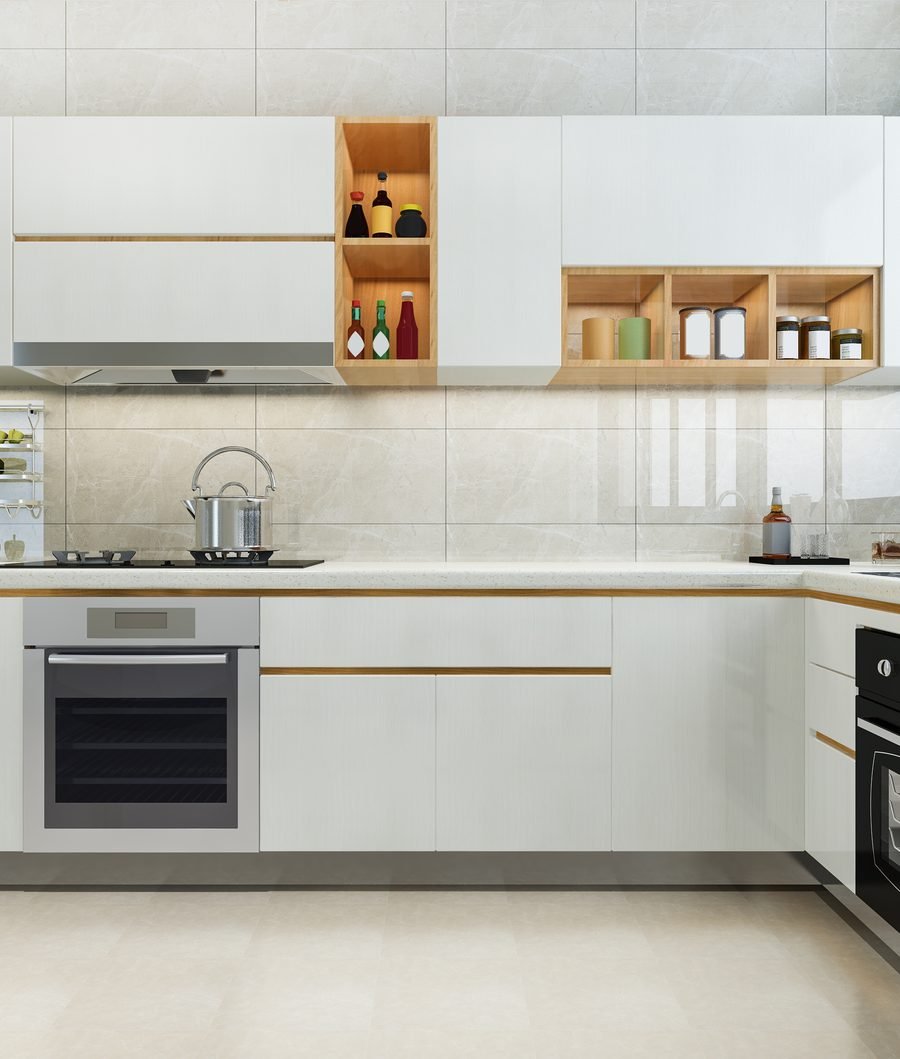 Scandinavian kitchen project in white with wood accents, Noida