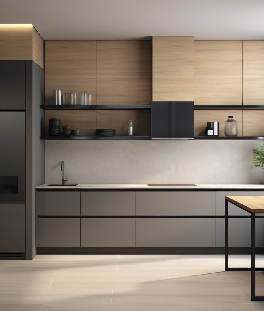 Smart urban kitchen project in graphite with tall storage units