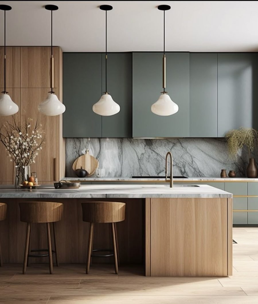 Stone-textured kitchen project with a sage green island