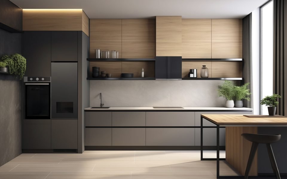Installed handleless kitchen cabinets in graphite and oak
