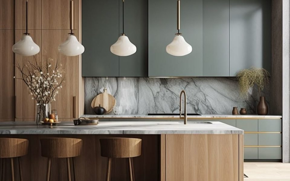 Marble kitchen island countertop with brass tap and bar stools