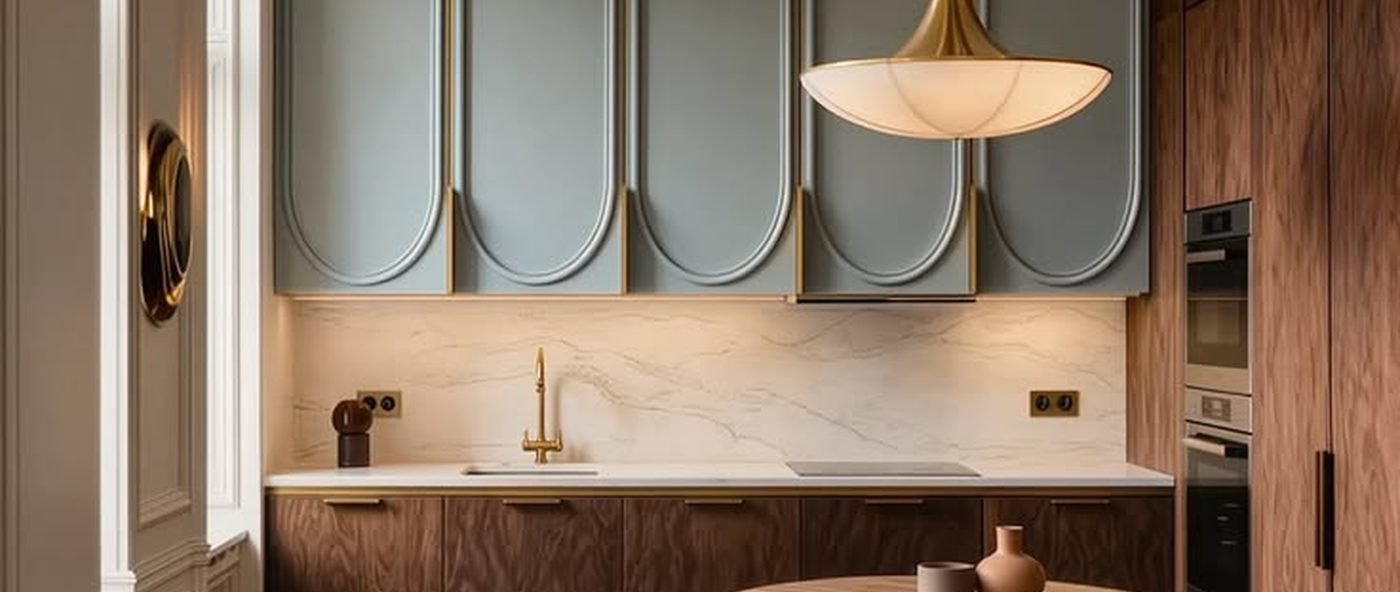 Designer kitchen with arched cabinet fronts and marble worktop