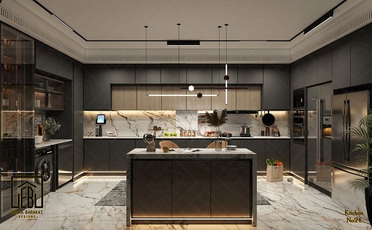 Modular kitchen layout in white and wood with built-in appliances