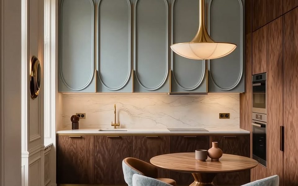 Designer kitchen with arched cabinet fronts and dining seating