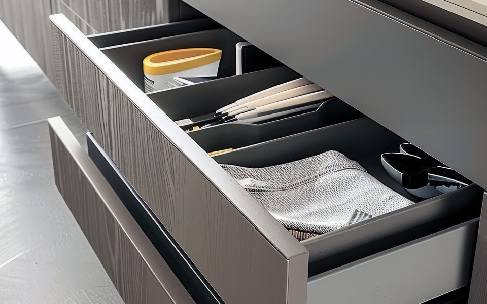 Smart drawer accessories and cutlery inserts in a kitchen unit