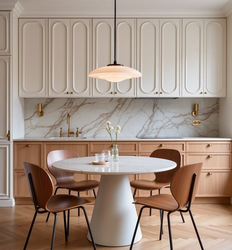 Classic shaker kitchen in cream with marble splashback and dining table